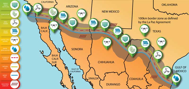 map of mexico and us border with renewable energy symbols