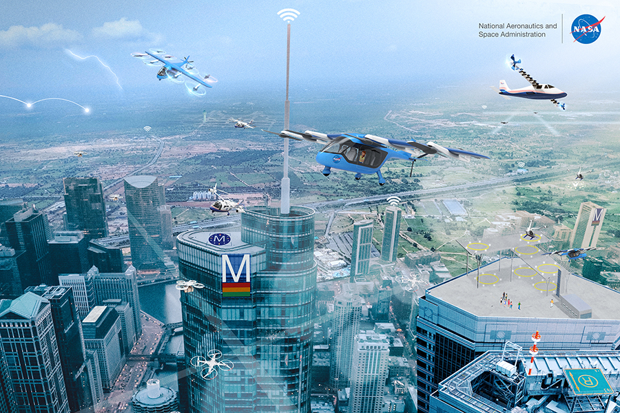 Graphic of aircraft over large city