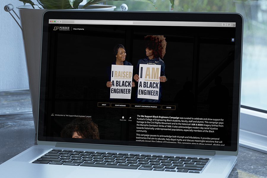 Photo onscreen of "We Support Black Engineers" site