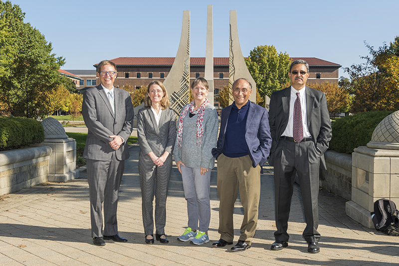 Todd Younkin, Semiconductor Research Corp. president and CEO; Theresa Mayer, Purdues executive vice president for research and partnerships; Carol Handwerker, the Reinhardt Schuhmann Jr. Professor of Materials Engineering; Ravi Mahajan, Intel Fellow; and Ganesh Subbarayan, Purdue professor of mechanical engineering