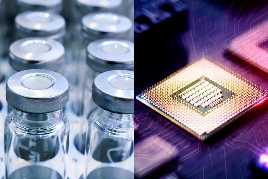 Photo of vials and semiconductor graphic