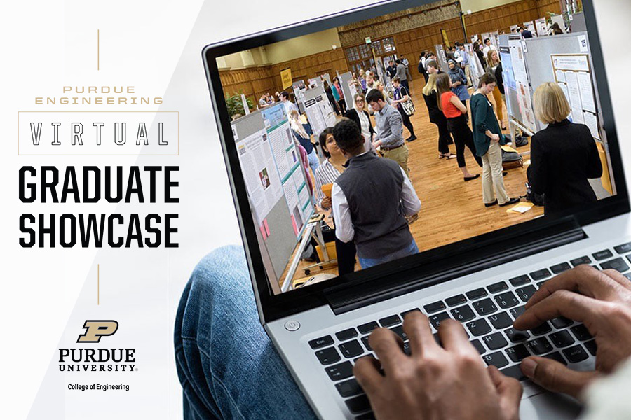 Graphic with photo of student on laptop watching poster session, text "Purdue Engineering Virtual Graduate Showcase"