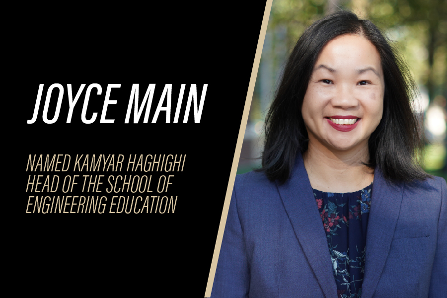 A portrait-style photo of Joyce Main with the text, "Joyce Main named Kamyar Haghighi Head of Purdue Universitys School of Engineering Education."