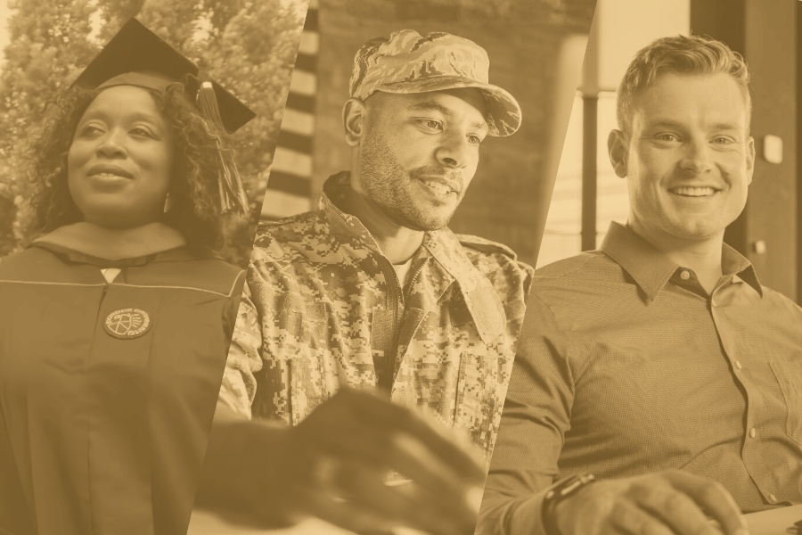 An image split into thirds depicting a woman wearing a cap and gown, a man wearing a military uniform and another man seated at a desk in front of a computer.