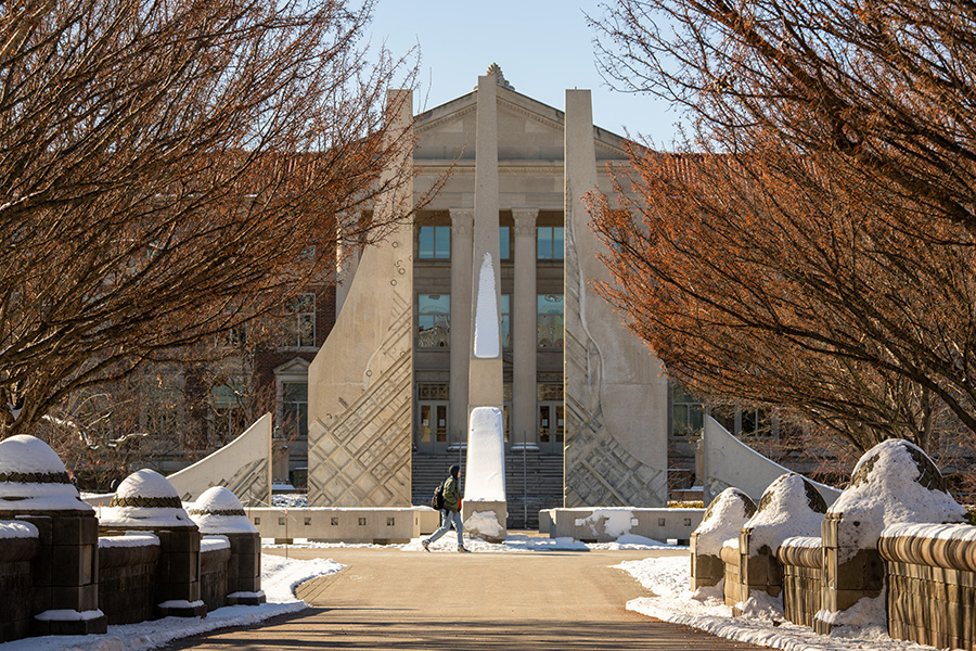 Winter campus scene with focus on the Engineering Fountain