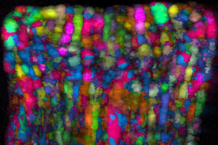 Inverse pole figures of CoAl intermetallics after deformation, showing multicolored crystal orientation mapping.