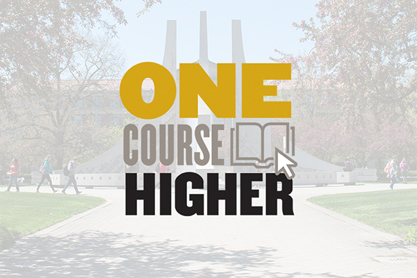 One Course Higher Logo over Engineering Fountain