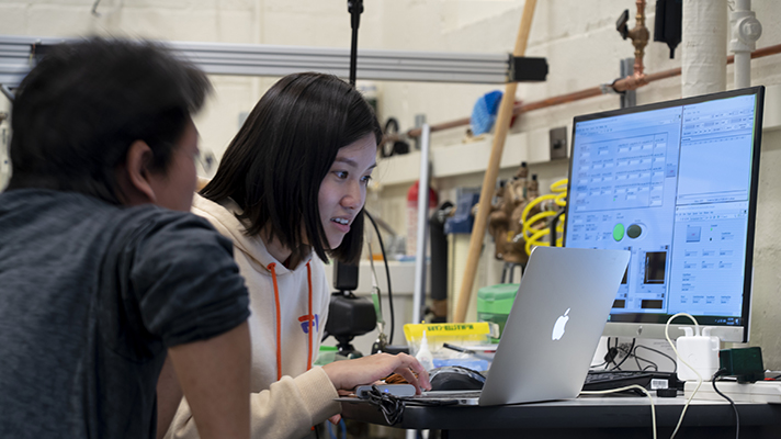 Student looking at a computer.