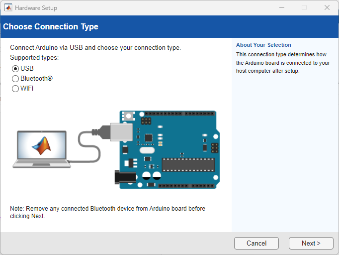 Screenshot of the MATLAB Hardware Setup documentation, showing connection types including USB, Bluetooth and Wi-Fi. The bubble next to USB is selected.