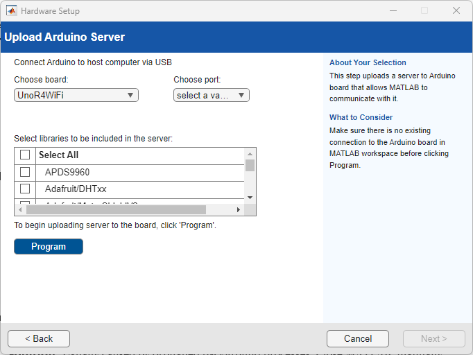 Screenshot of the MATLAB Hardware Setup documentation, with options to Choose board, Choose Port and Select libraries to be included in the server. The board option is set to UnoR4WiFi.