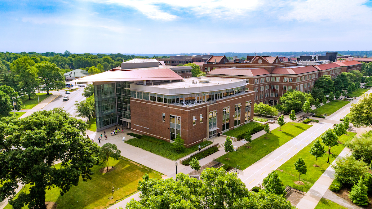 Aerial view of ARMS building on Purdue University campus.