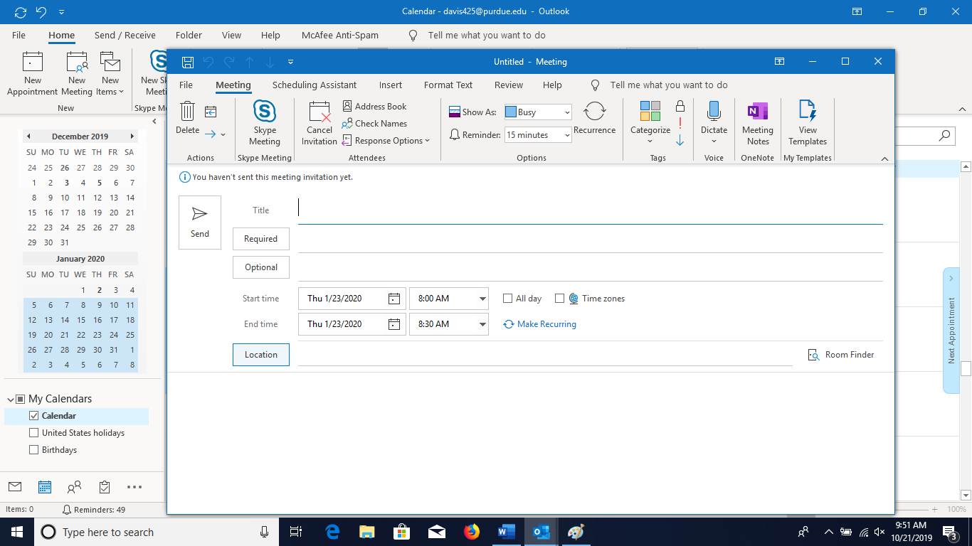 Outlook Screenshot of adding a Meeting Location