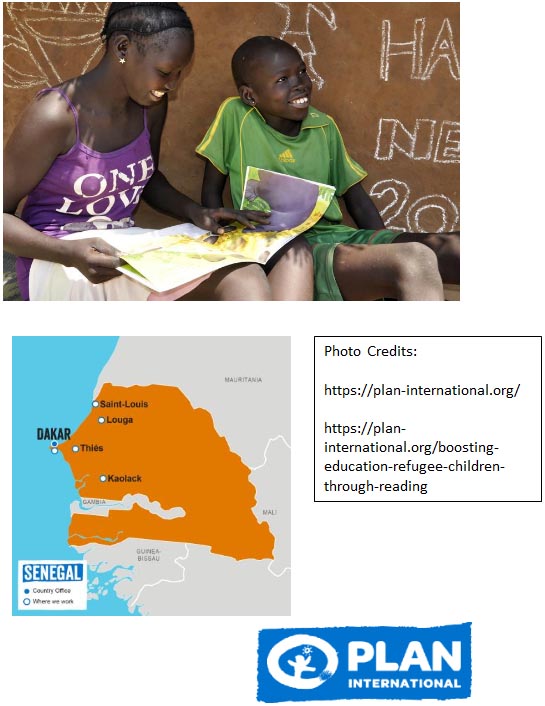 Collage of pictures including: Two girls reading, a map of the suggested area, and a logo for Plan International.