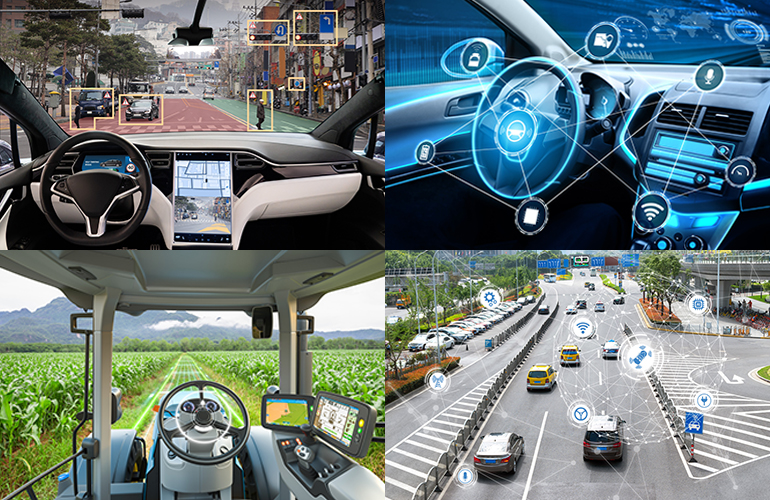 Four pictures arranged together show the inside of vehicles and roads with objects around them targeted with square frames.