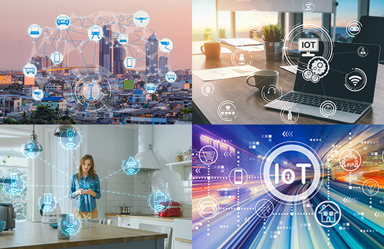 Collage of four images showing a city, a laptop, a woman in a kitchen, and an illustration of a network.