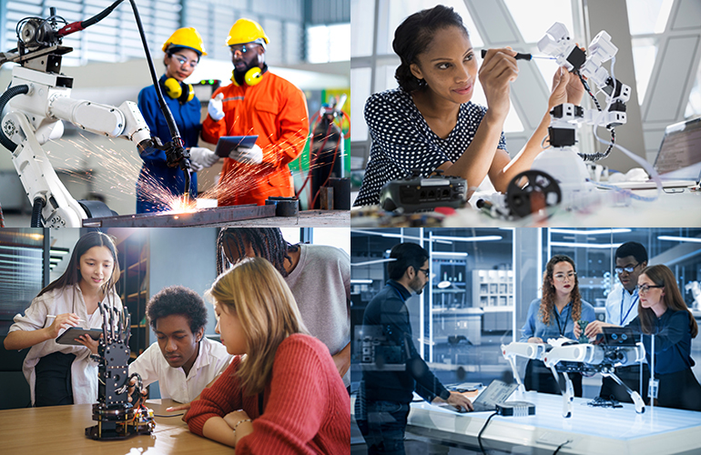 Collage of four images showing robots and people observing and working with them.