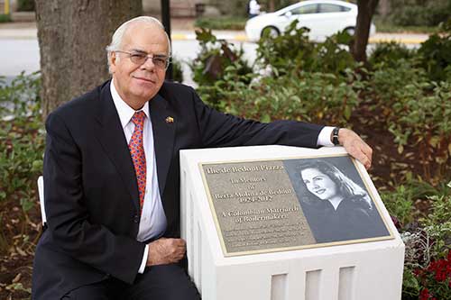 Juan Ernesto de Bedout with a plaque dedicating the piazza to his mother, Berta Molina de bedout