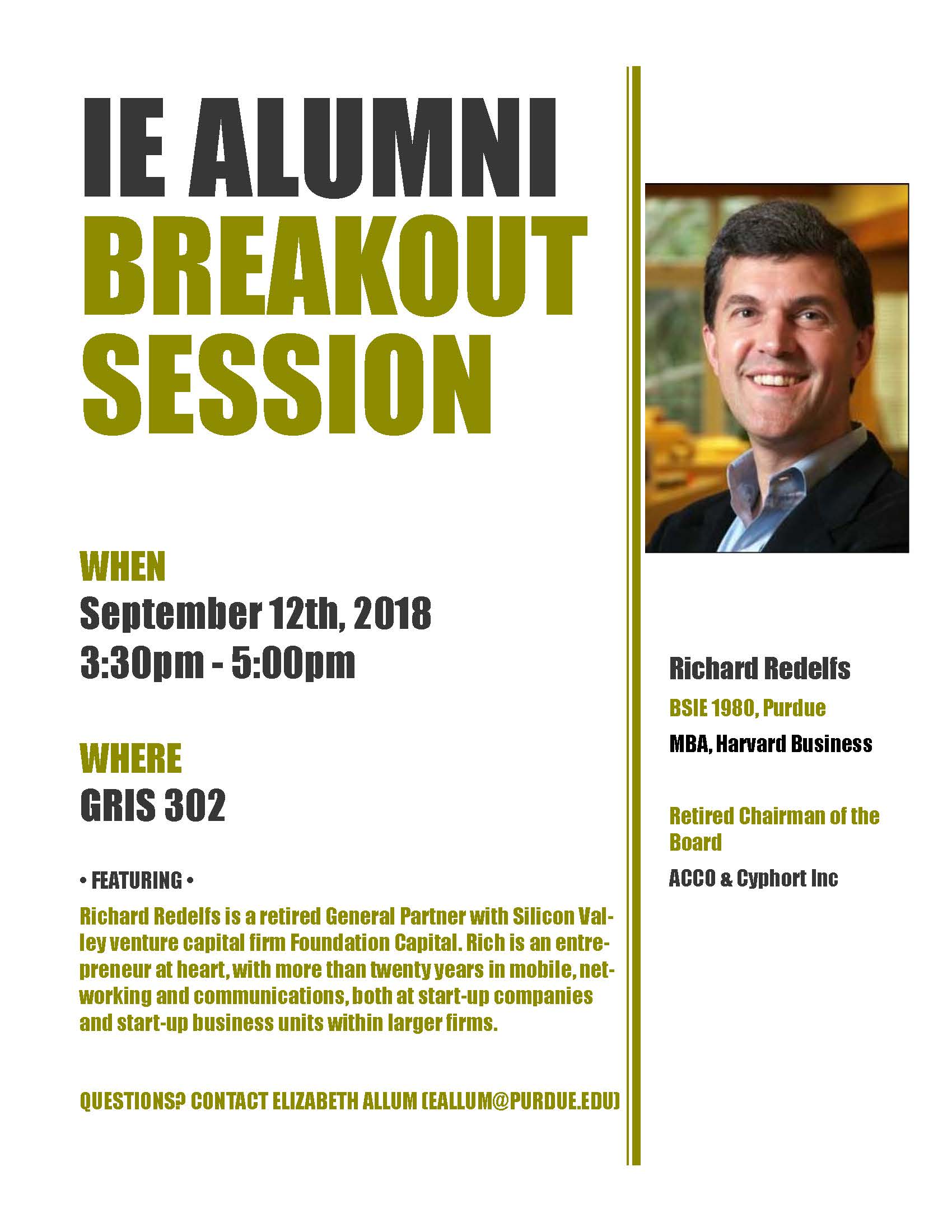 Flyer of Rich Redelfs alum breakout session