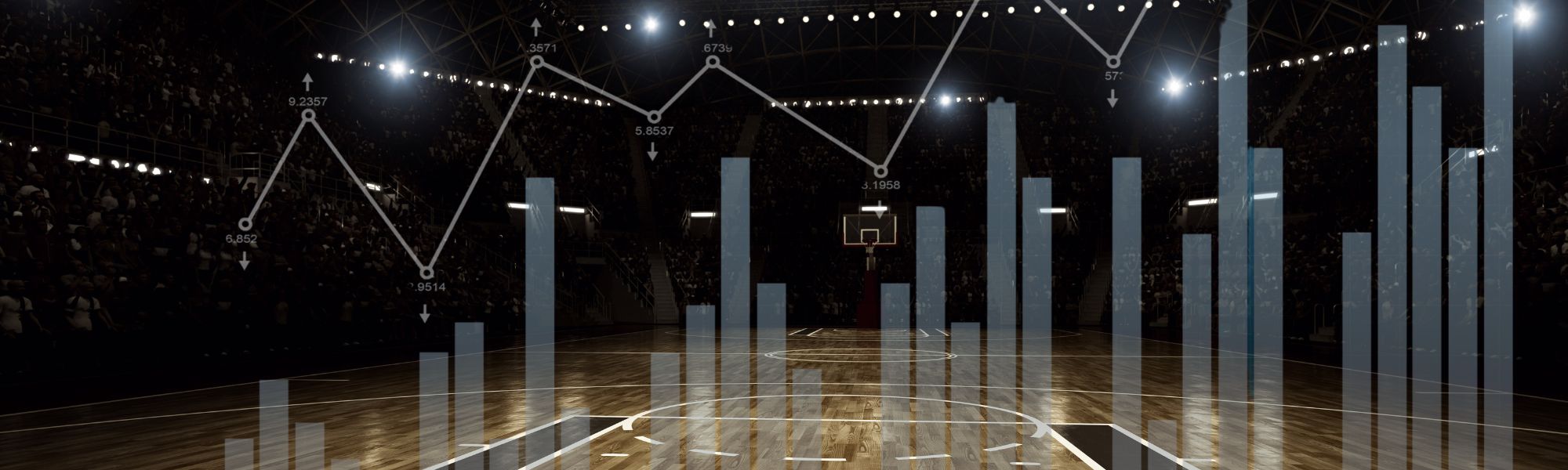 a basketball court with a graphic of a bar chart overlayed in front of it