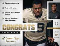 Graphic of @PurdueFootball Tweet about Aaron Banks' win