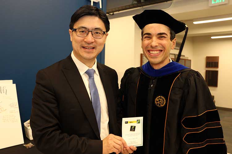 Purdue Engineering Dean Mung Chiang (l) with IE Asst. Prof. Ramses Martinez (r)