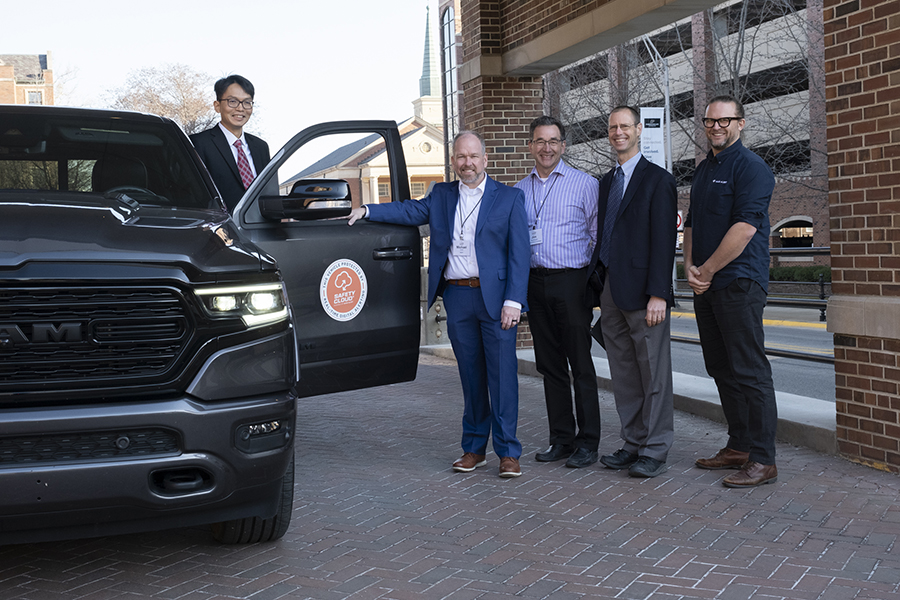 Dodge Ram truck demo with (L-R):  Howell Li, software engineer; Michael Smith, INDOT commissioner;  Jim Sturdevant, INDOT traffic management director;  Darcy Bullock, Joint Transportation Research Program director; and Cory Hohs, Haas Alert CEO.