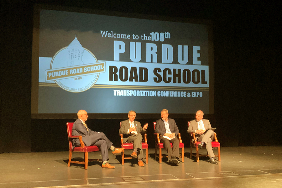 A Fireside Chat on the Loeb Playhouse stage included (L-R):  Richard Hedgecock, president of Indiana Constructors, Inc; Lloyd Winnecke, mayor of the City of Evansville; Fred Cartwright, CEO/president of Conexus; and Michael Smith, commissioner for Indiana Department of Transportation (INDOT).