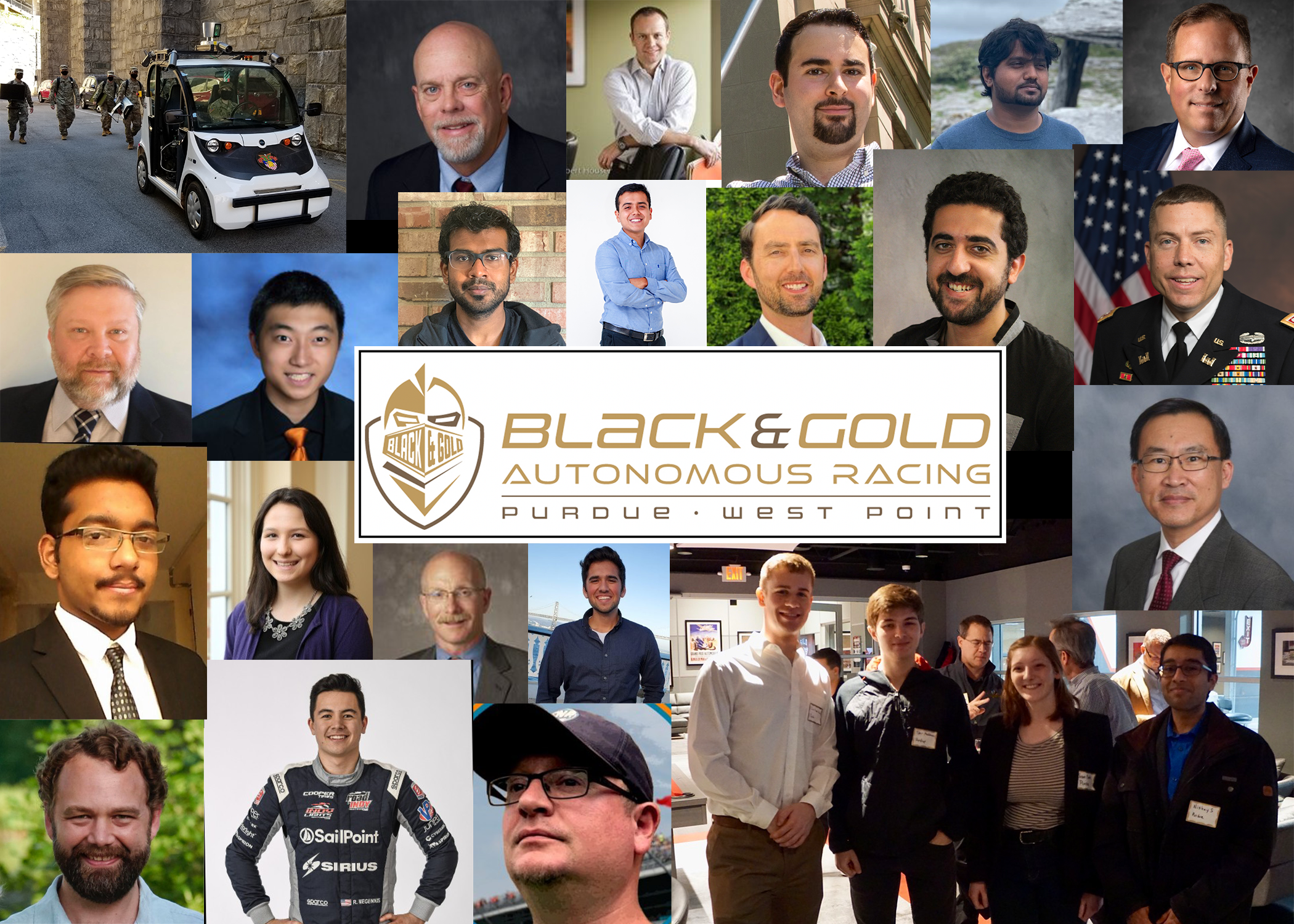 Composite photo of people with the words Black and Gold Autonomous Racing Purdue and West Point.