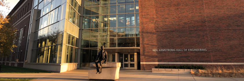 Neil Armstrong building with statue in front