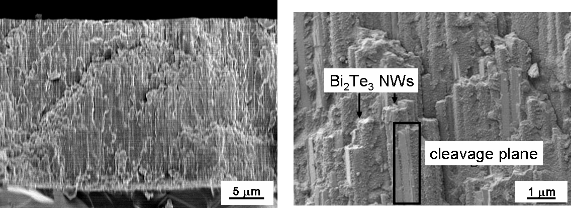 Figure 3: Fractured nanowire array/epoxy composite showing (left) nanowires completely embedded in epoxy matrix, and (right) expanded view showing cleavage plane in nanowire.
