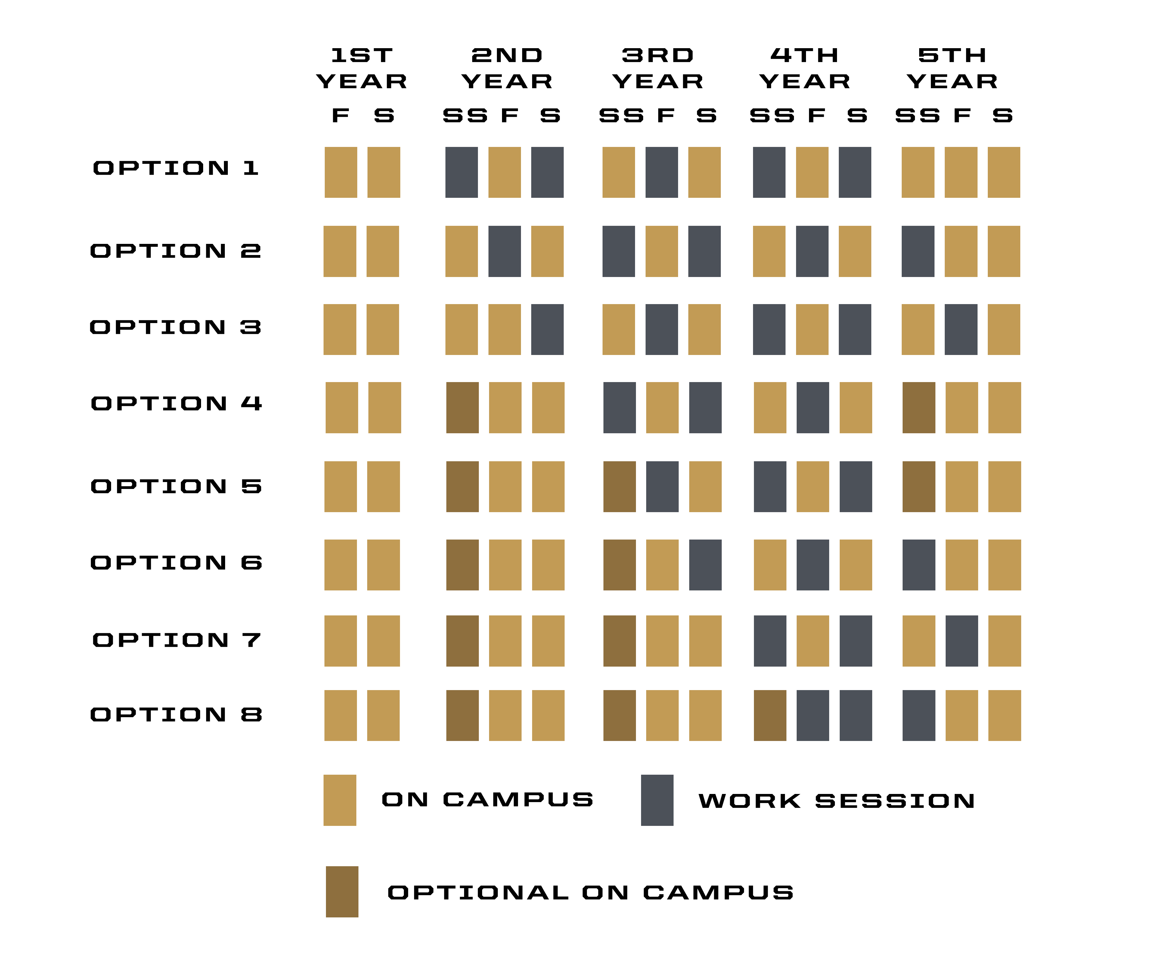 Four-year alternating work and study schedule showing students completing academic semesters on campus and paid work sessions with employer partners throughout the degree program.