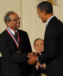 President Barak Obama congratulates Purdue's Rakesh Agrawal (left) during the presentation of the National Medal of Technology and Innovation in Washington, D.C. The award is the highest honor for technological achievement bestowed by the president of the United States. Photos by Ryan K. Morris Photography