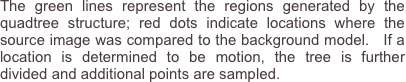 The green lines represent the regions generated by the quadtree structure; red dots indicate locations where the source image was compared to the background model.   If a location is determined to be motion, the tree is further divided and additional points are sampled.