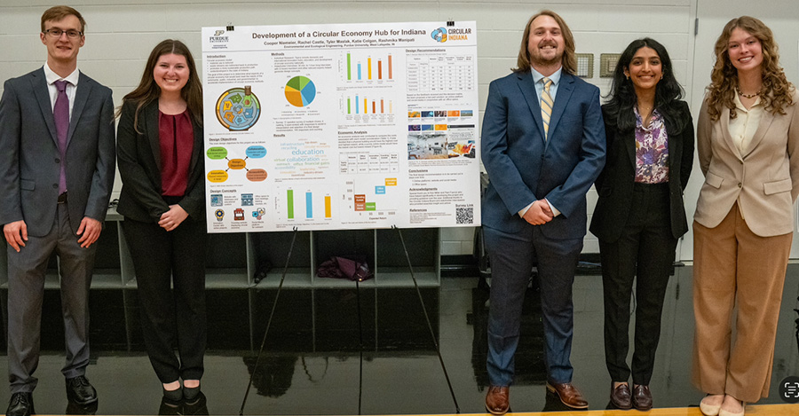 Rashmika Manipati with other students next to research poster