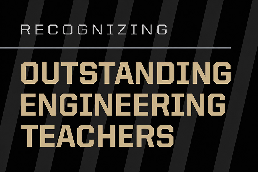 Graphic with the words Recognizing Outstanding Engineering Teachers in gold and gray text on a black background with diagonal dark gray stripes.