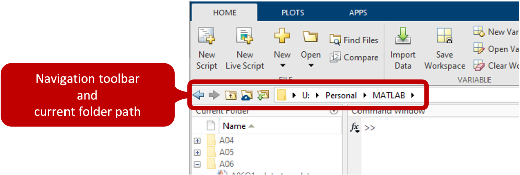 Shows a call-out of the navigation toolbar and current folder path