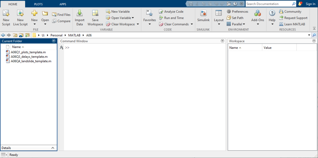 Image shows the default layout for MATLAB Desktop. There is a left column with the current folder (showing files), a center column showing the Command Window (where you enter commands), and the right column in the base Workspace (where you can see any variables you've entered into MATLAB)