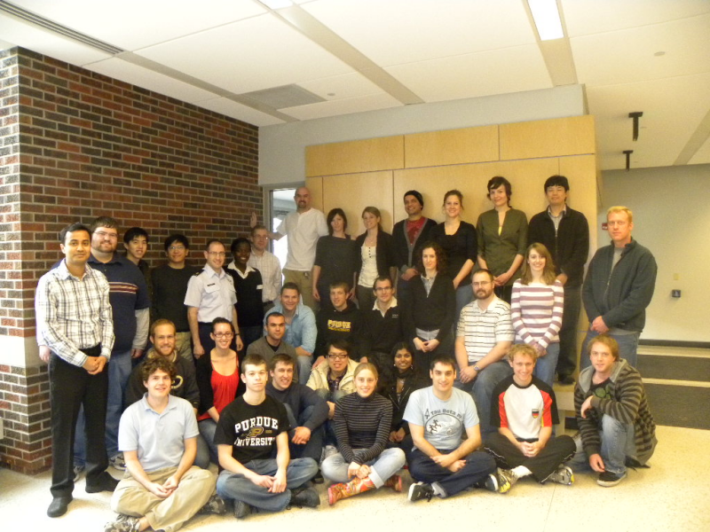 Purdue Astrodynamics and Space Applications groups in late spring 2011. Pictured are members of Prof. Howell's group along with members of the research groups led by Profs. Garrison and Longuski.