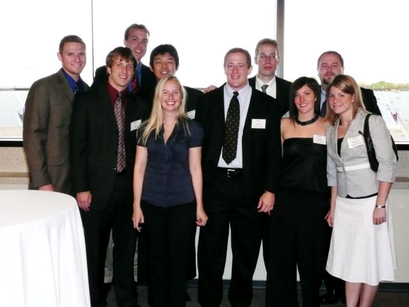 Group members at the Purdue Outstanding Aerospace Engineers Banquet 2008. From left to right: Wayne Schlei, Tom Pavlak, Todd Brown, Masaki Kakoi, Lindsay Millard, Marty Ozimek, Raoul Rausch, Aurelie Heritier, Chris Patterson, and Amanda Knutson.