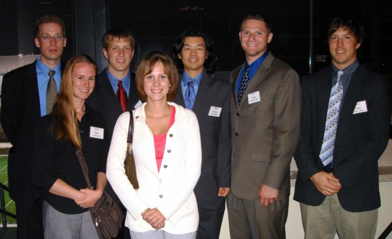 Group members at the Purdue Outstanding Aerospace Engineers Banquet 2009. From left to right: Raoul Rausch, Diane Davis, Tom Pavlak, Amanda Haapala, Masaki Kakoi, Wayne Schlei, and Derek Hazen.