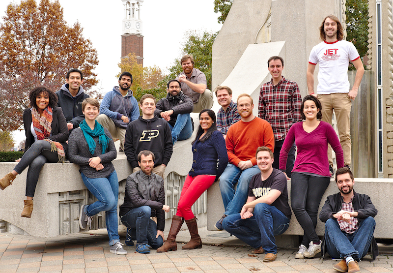 Prof. Howell's research group at the engineering fountain. Pictured: Bonnie Prado Pino, Juan Ojeda Romero, Emily Zimovan, Vivek Muralidharan, Andrew Cox, R.J. Power, Anish Vutukuri, Ted Wahl, Ash Das-Stuart, Robert Pritchett, Chris Spreen, Collin York, Nick LaFarge, Kenza Boudad, Brian McCarthy, and Alex VanAnderlecht.