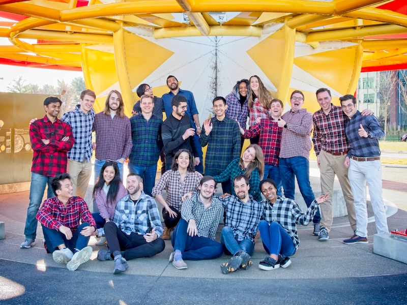 The multibody dynamics research group at the VOSS model. Back row: Kenji Kitamura, Vivek Muralidharan, Bonnie Prado Pino, Paige Whittington. Middle row (standing): Rohith Sanaga, Stephen Scheuerle, Brian McCarthy, Robert Pritchett, Fouad Khoury, Juan Ojeda Romero, Rolfe Power, Collin York, Nick LaFarge, David Canales Garcia. Front row: Beom Park, Maaninee Gupta, Andrew Molnar, Kenza Boudad, Ricardo Gomez, Andrew Cox, Emily Spreen, and Nadia Numa.