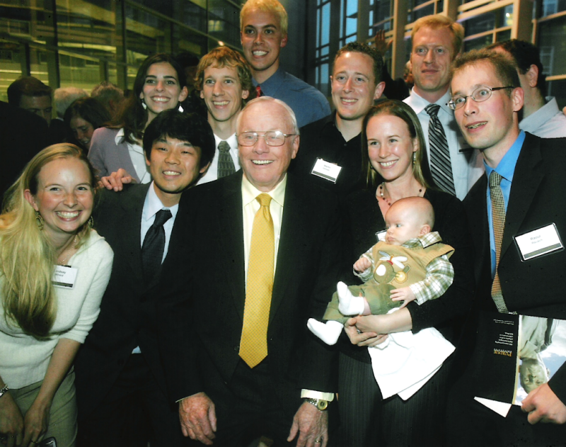 Another shot of the research group with Neil Armstrong at the dedication of Armstrong Hall, 2007, including Lindsay Millard (original site designer) on the left.
