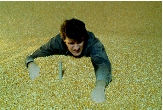 Young man being engulfed in grain.