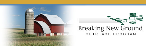 Decorative barn and Breaking New Ground Outreach Program logo of a tractor plowing